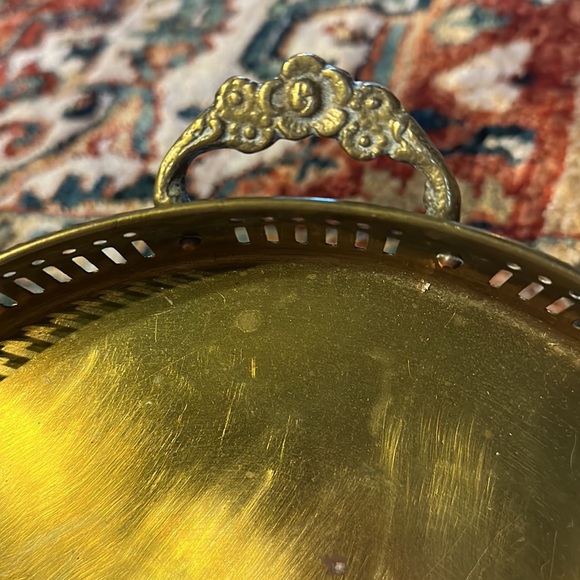 10” Vintage Brass Tray with Floral Handles - Picture 3 of 4